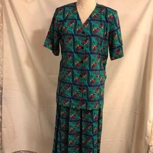 Vintage Doncaster green and purple floral print 2 piece outfit, size 6